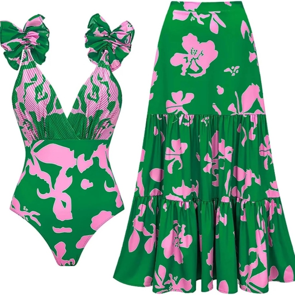 Green & Pink Floral One-Piece Swimsuit – Women